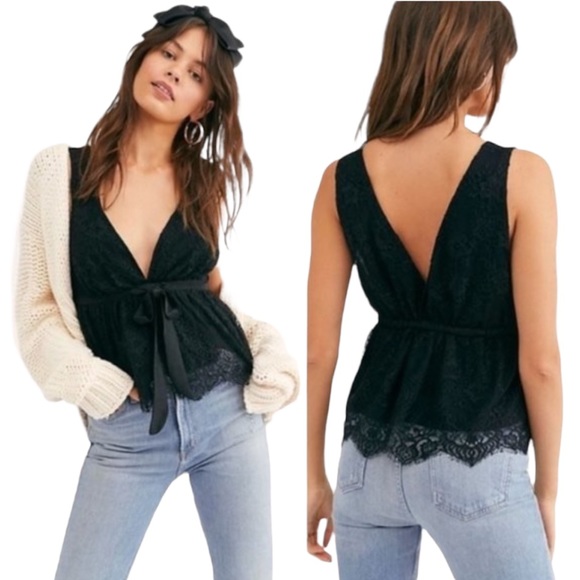 Free People Tops - FREE PEOPLE Chante Lace Tie Tank Top Black S NWT